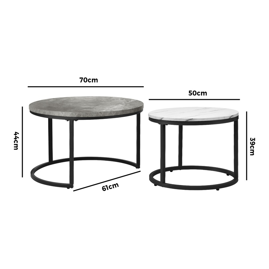 ikiture Set of 2 Coffee Table Round Marble-like Nesting Side Tables Grey White