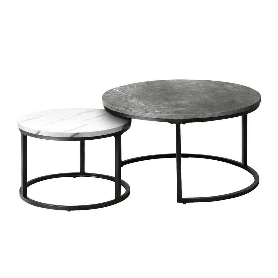 ikiture Set of 2 Coffee Table Round Marble-like Nesting Side Tables Grey White
