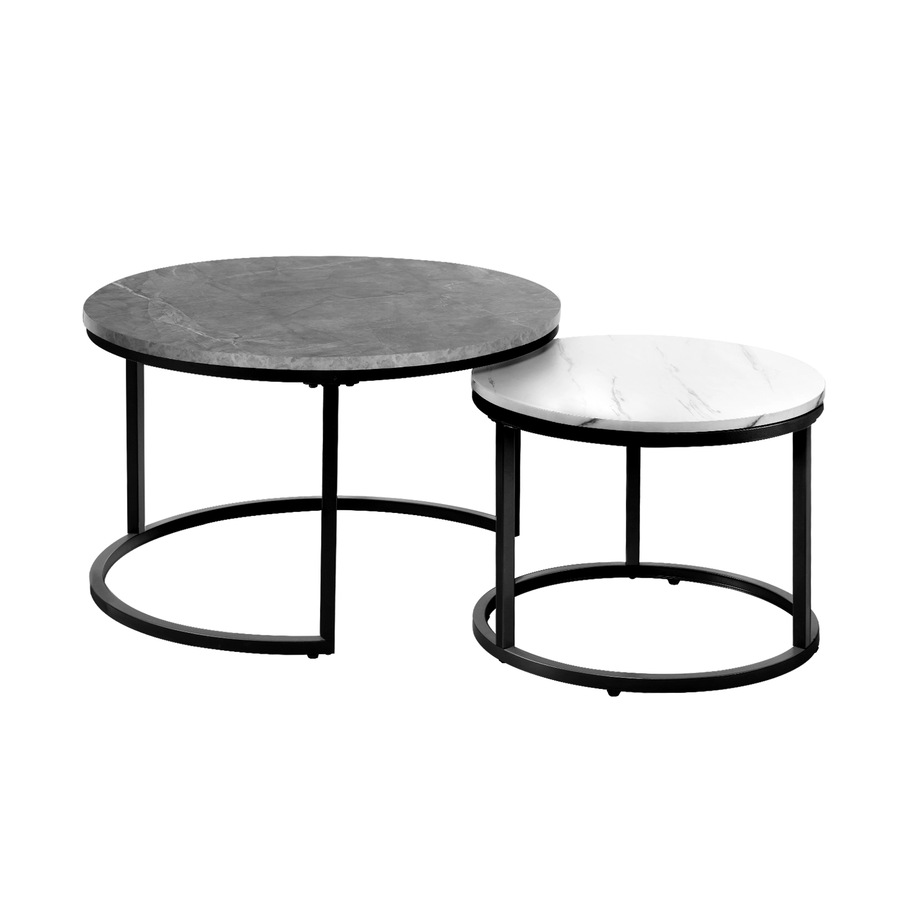 ikiture Set of 2 Coffee Table Round Marble-like Nesting Side Tables Grey White