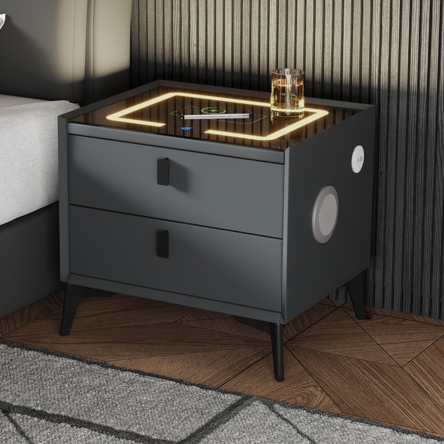 Oikiture Smart Bedside Table Wireless Charging LED 2 Drawers Nightstand Grey