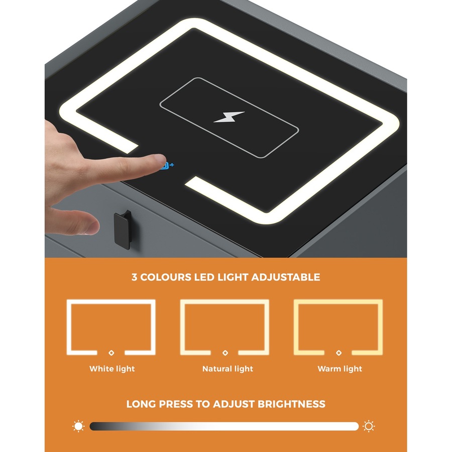 Oikiture Smart Bedside Table Wireless Charging LED 2 Drawers Nightstand Grey
