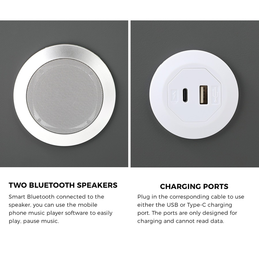 Oikiture Smart Bedside Table Wireless Charging LED 2 Drawers Nightstand Grey