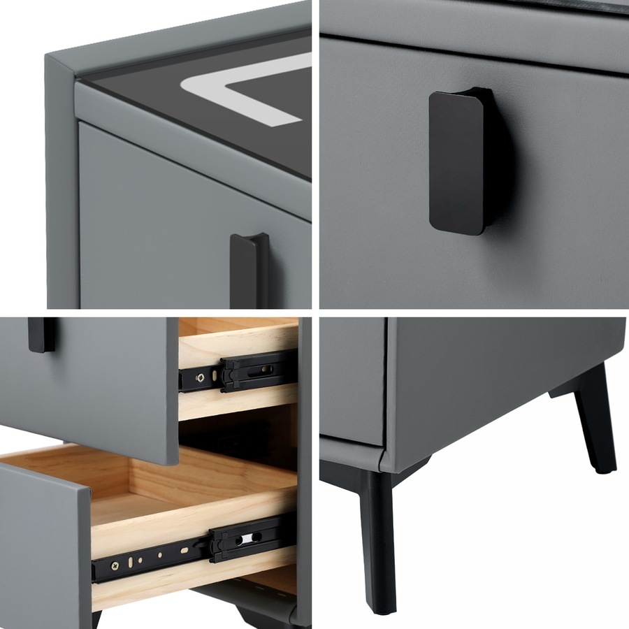 Oikiture Smart Bedside Table Wireless Charging LED 2 Drawers Nightstand Grey