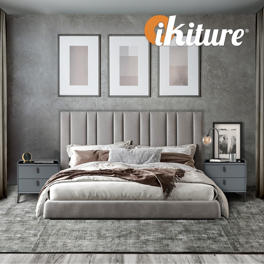 Oikiture Smart Bedside Table Wireless Charging LED 2 Drawers Nightstand Grey