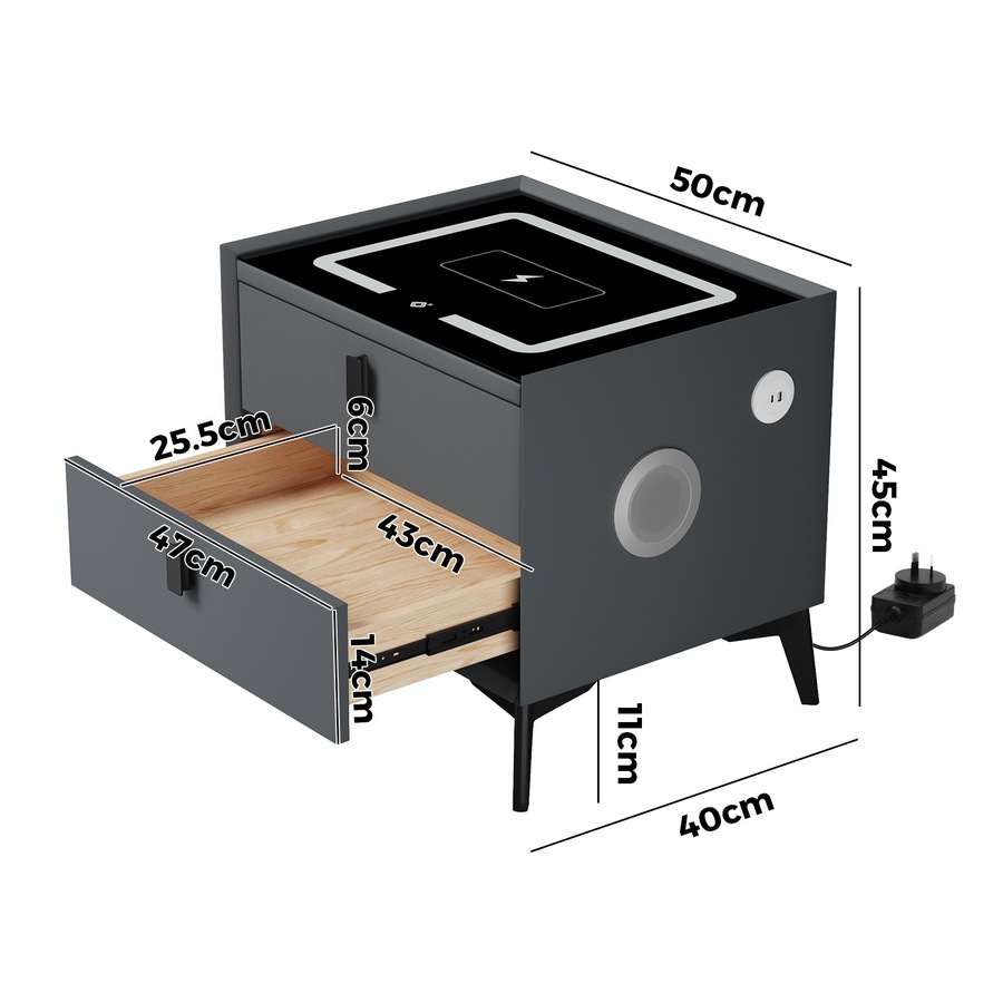 Oikiture Smart Bedside Table Wireless Charging LED 2 Drawers Nightstand Grey