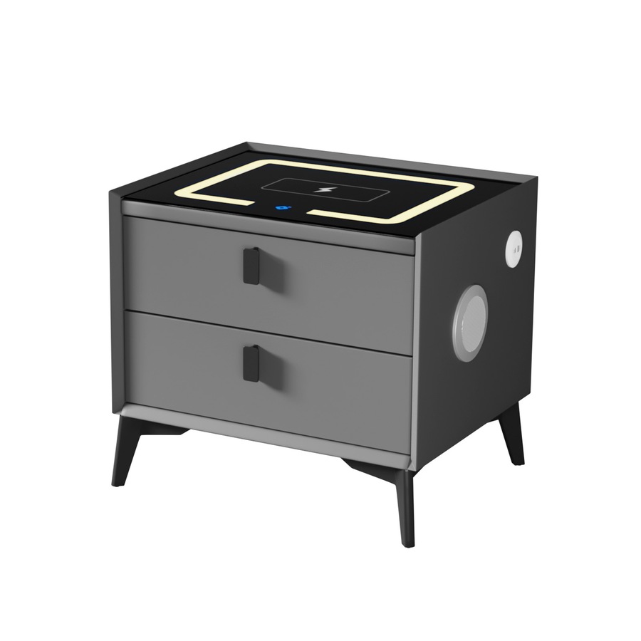 Oikiture Smart Bedside Table Wireless Charging LED 2 Drawers Nightstand Grey