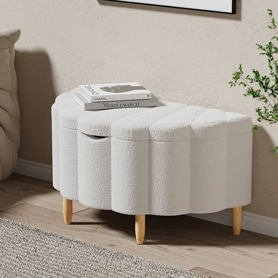 Oikiture Storage Ottoman Scallop Boucle Blanket Box Fleece Foot Stool Seat Chest