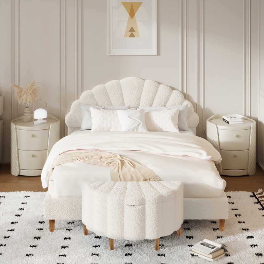 Oikiture Storage Ottoman Scallop Boucle Blanket Box Fleece Foot Stool Seat Chest