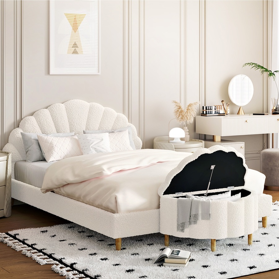 Oikiture Storage Ottoman Scallop Boucle Blanket Box Fleece Foot Stool Seat Chest