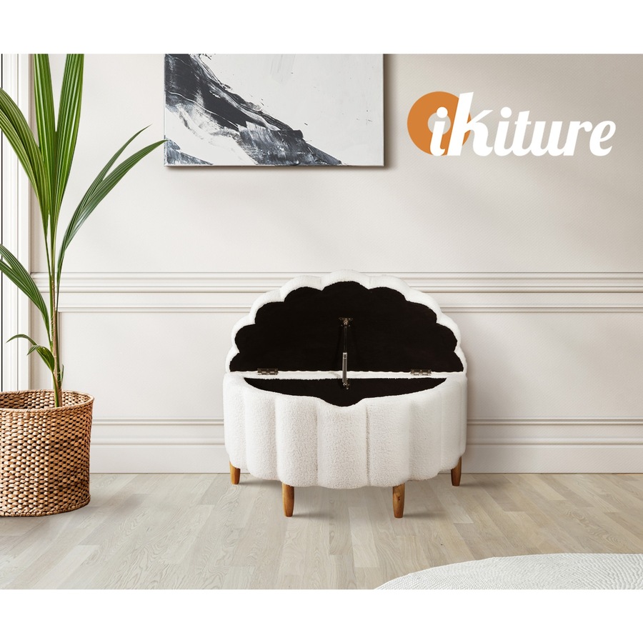 Oikiture Storage Ottoman Scallop Boucle Blanket Box Fleece Foot Stool Seat Chest