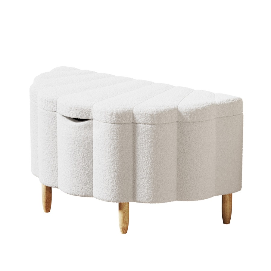 Oikiture Storage Ottoman Scallop Boucle Blanket Box Fleece Foot Stool Seat Chest