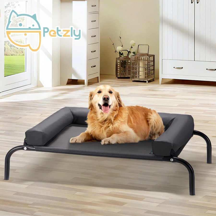Petzly 90x123cm Elevated Trampoline Bolster Raised Pet Dog Bed Black