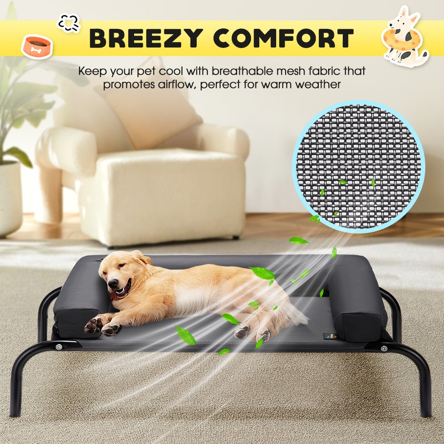 Petzly 90x123cm Elevated Trampoline Bolster Raised Pet Dog Bed Black