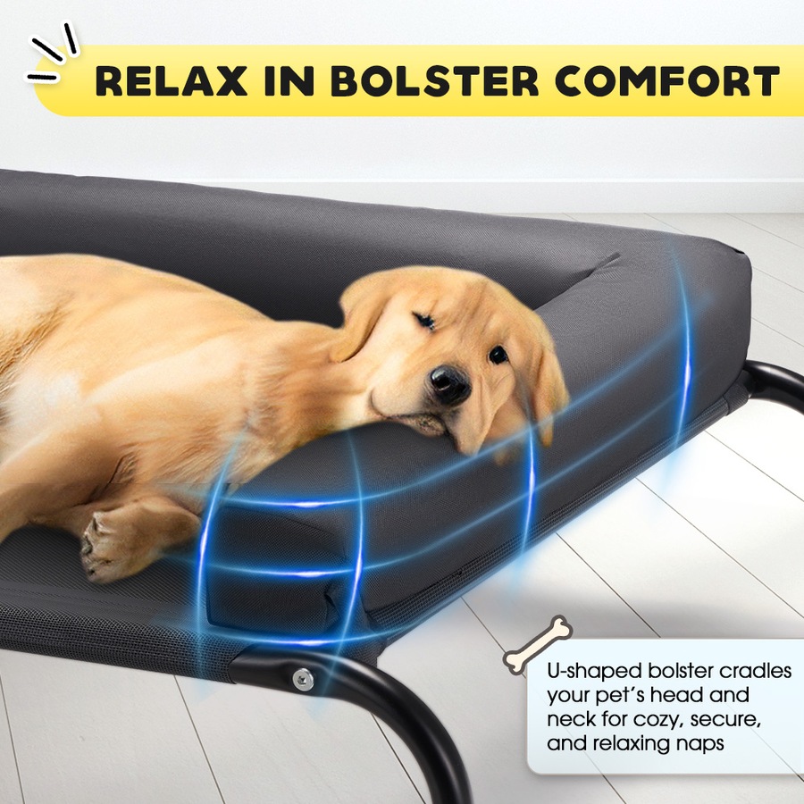 Petzly 90x123cm Elevated Trampoline Bolster Raised Pet Dog Bed Black