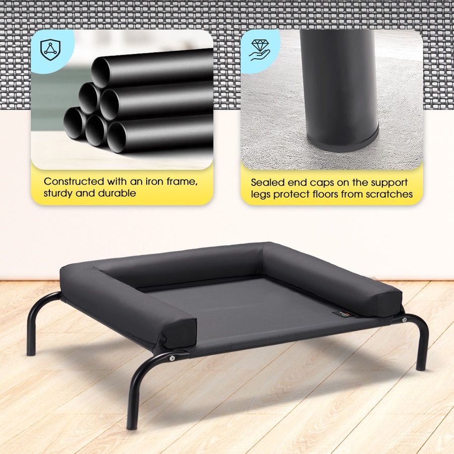 Petzly 90x123cm Elevated Trampoline Bolster Raised Pet Dog Bed Black