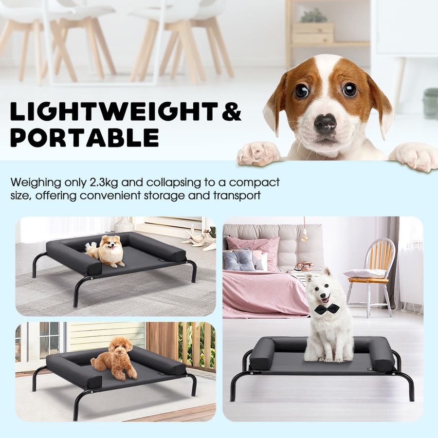 Petzly 90x123cm Elevated Trampoline Bolster Raised Pet Dog Bed Black