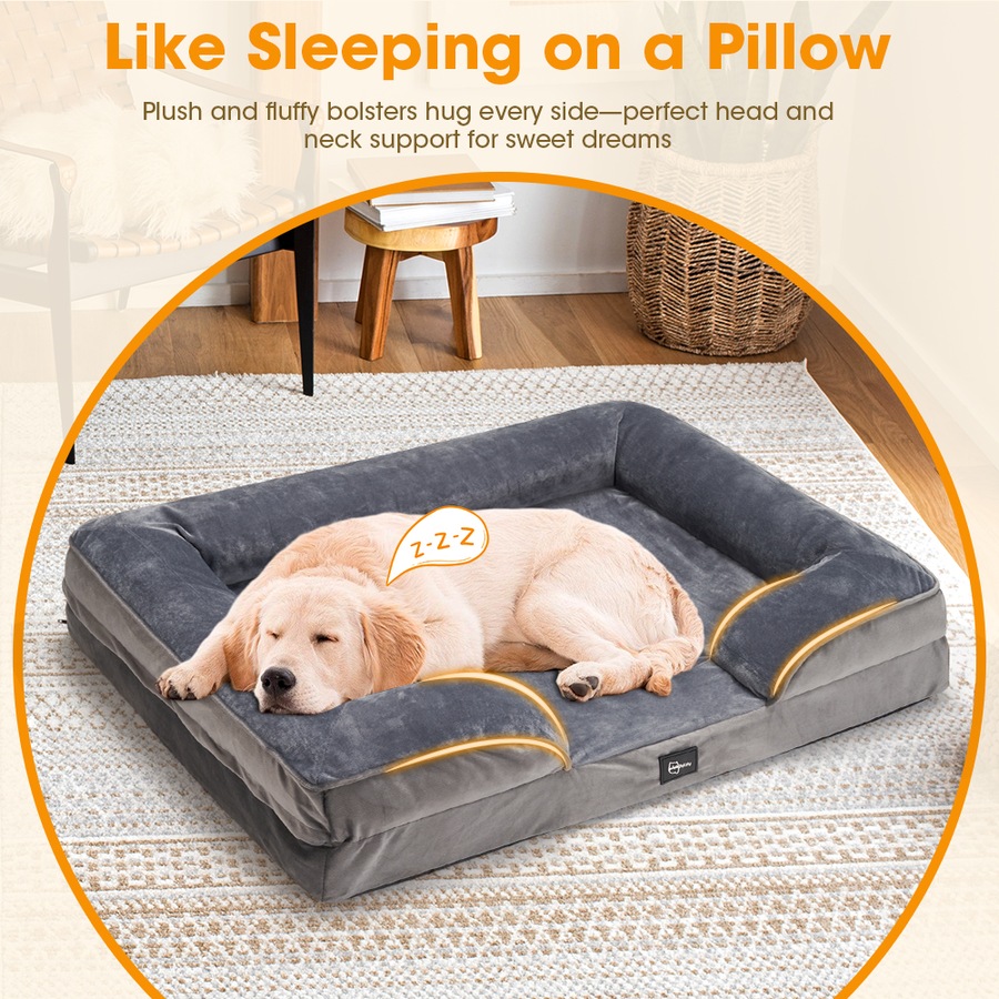 Petzly Dog Bed with Sides Egg-Crate Foam Removable Washable Cover Grey Medium