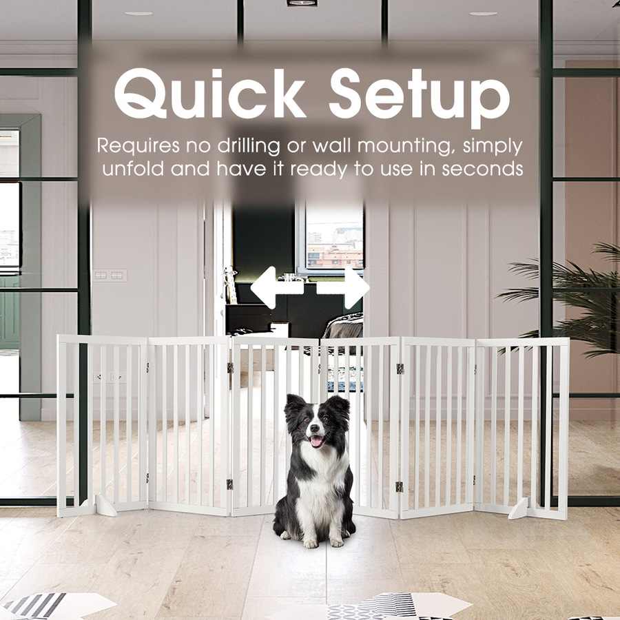 6 Panel 80cm Petzly Pet Gate Dog Fence Safety Barrier with Support Feet White