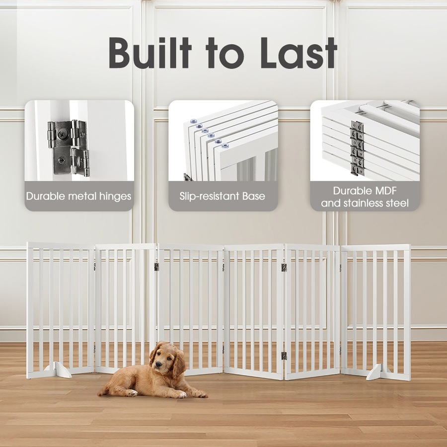 6 Panel 80cm Petzly Pet Gate Dog Fence Safety Barrier with Support Feet White