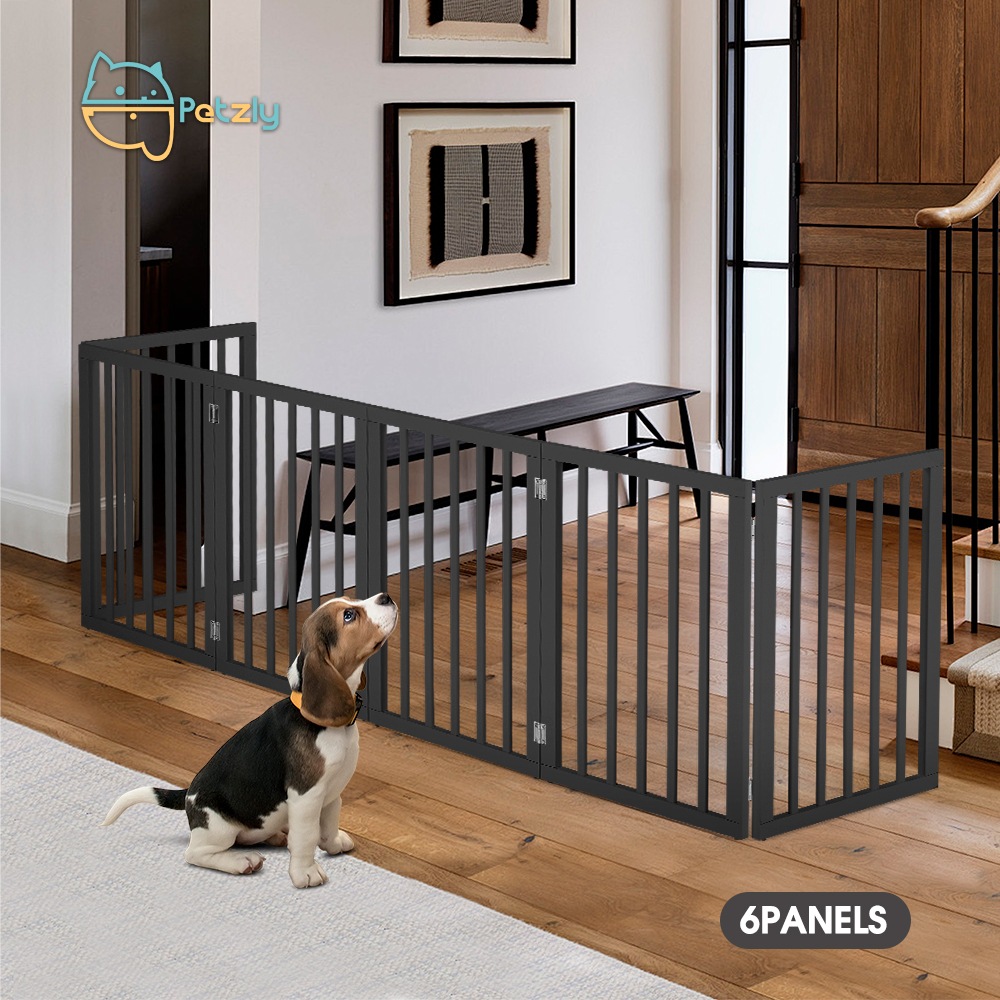 Petzly Wooden Pet Gate Dog Fence Safety Barrier Security Door 6 Panel 61cm Black Australia