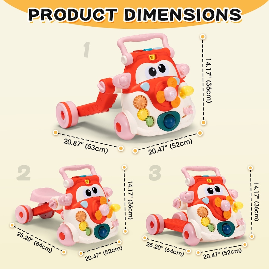 PlayPals 3-in-1 90° Rotating Head Baby Push Walker Balance Bike Scooter Toddler Ride on Toy w/ Music Red