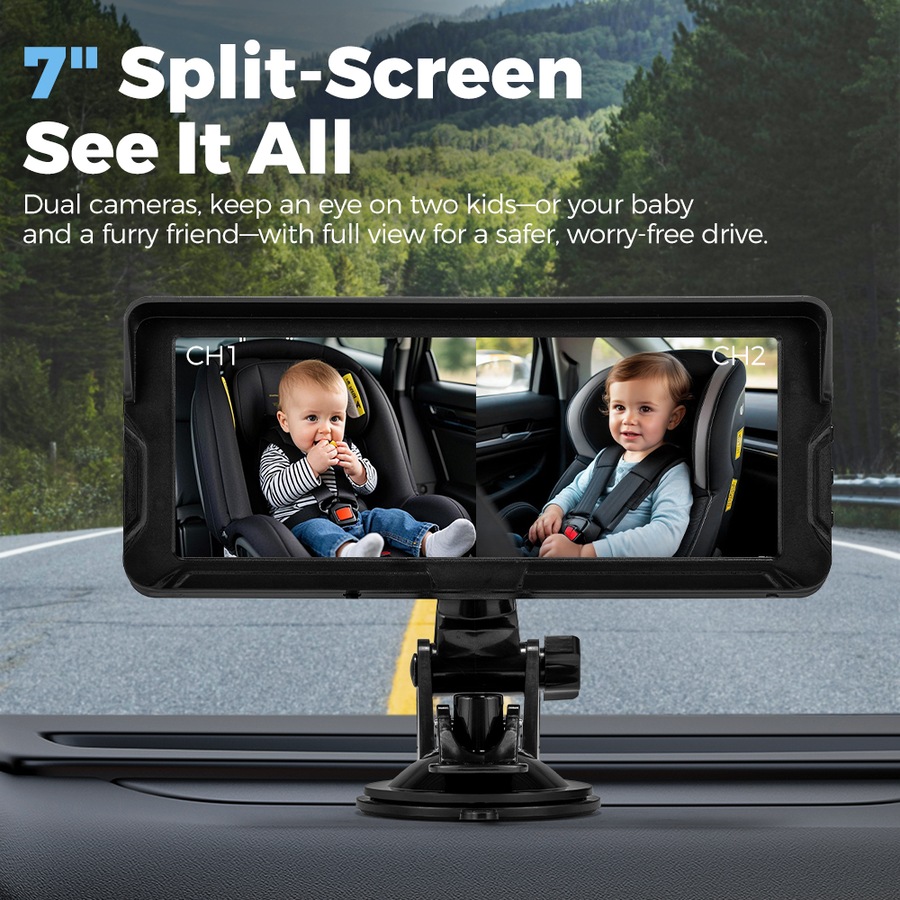 PlayPals Baby Car Camera Monitor 7" HD 1080P 2-Baby 360° Rotation Night Vision