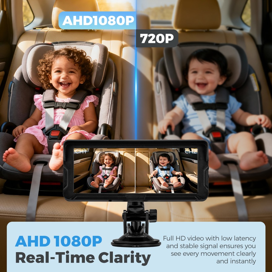 PlayPals Baby Car Camera Monitor 7" HD 1080P 2-Baby 360° Rotation Night Vision