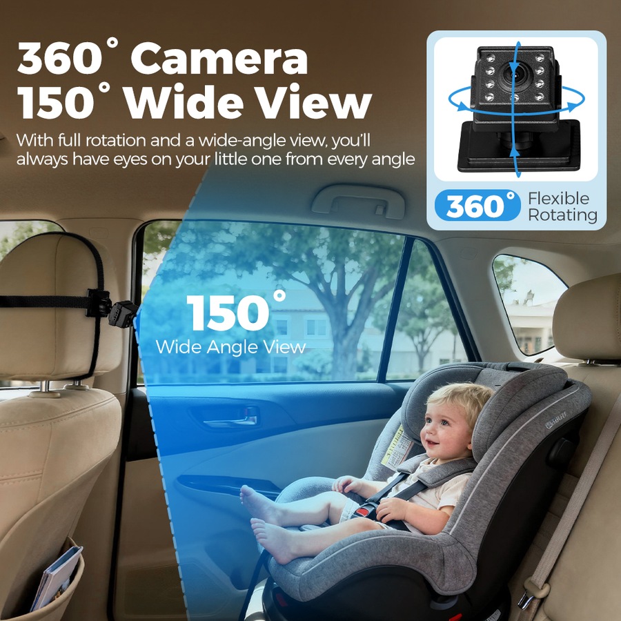 PlayPals Baby Car Camera Monitor 7" HD 1080P 2-Baby 360° Rotation Night Vision