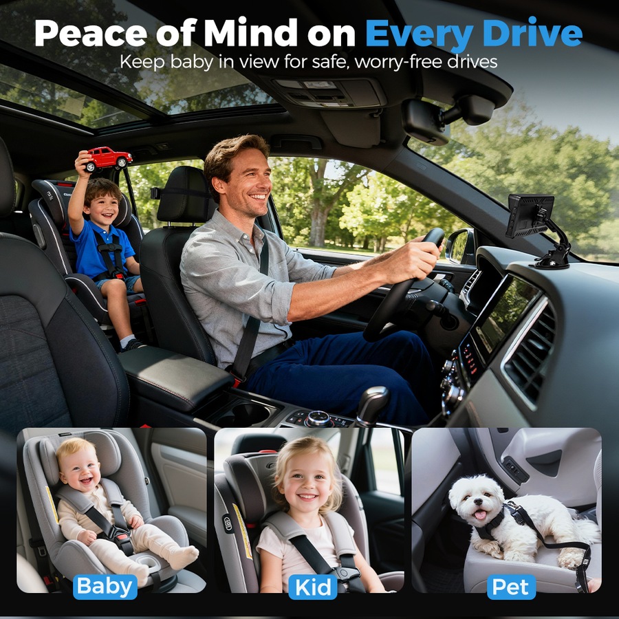 PlayPals Baby Car Camera Monitor 7" HD 1080P 2-Baby 360° Rotation Night Vision
