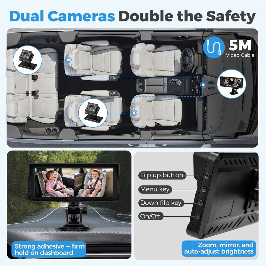 PlayPals Baby Car Camera Monitor 7" HD 1080P 2-Baby 360° Rotation Night Vision