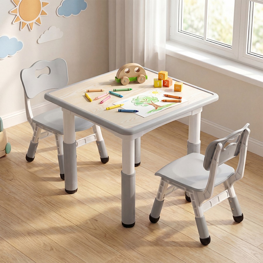 PlayPals Kids Table Chairs Set Height Adjustable Toddler Activity Table 60x60cm Graffiti Desk Grey