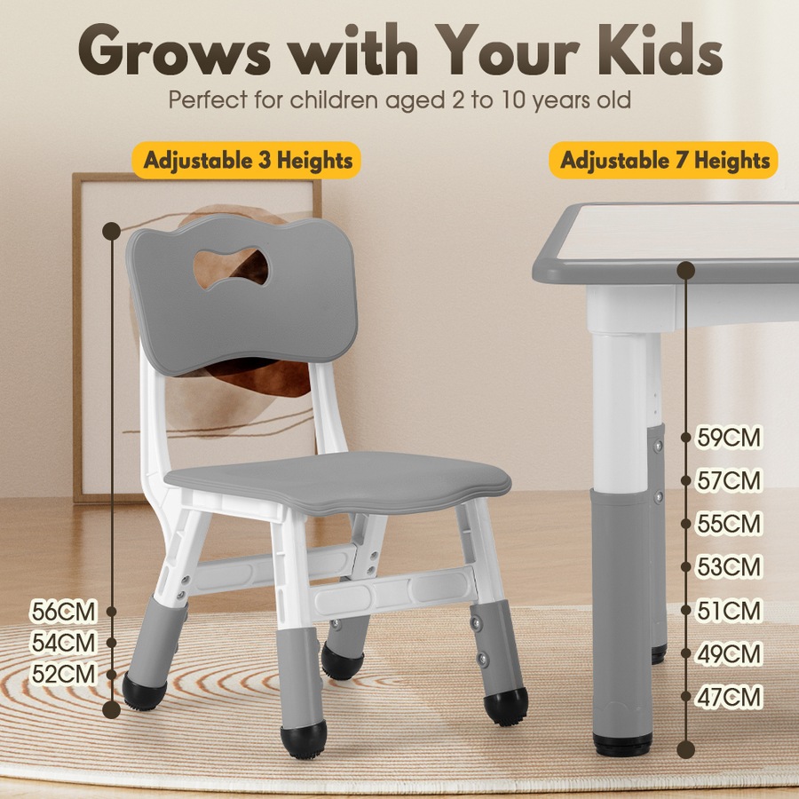 PlayPals Kids Table Chairs Set Height Adjustable Toddler Activity Table 60x60cm Graffiti Desk Grey