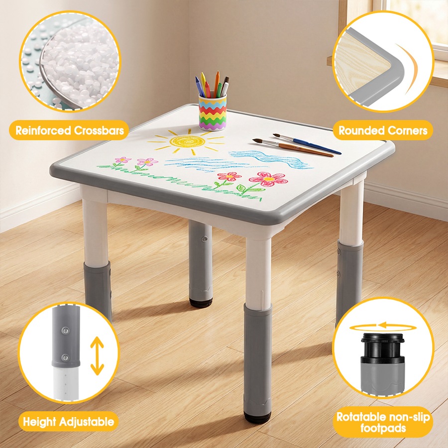 PlayPals Kids Table Chairs Set Height Adjustable Toddler Activity Table 60x60cm Graffiti Desk Grey