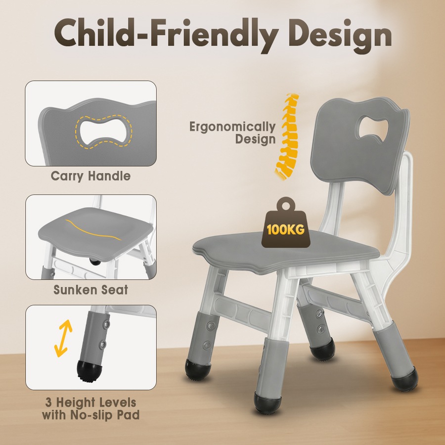 PlayPals Kids Table Chairs Set Height Adjustable Toddler Activity Table 60x60cm Graffiti Desk Grey