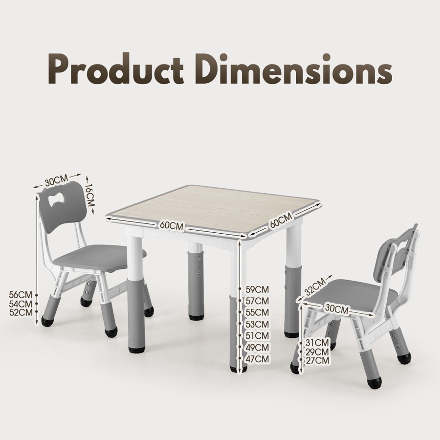 PlayPals Kids Table Chairs Set Height Adjustable Toddler Activity Table 60x60cm Graffiti Desk Grey