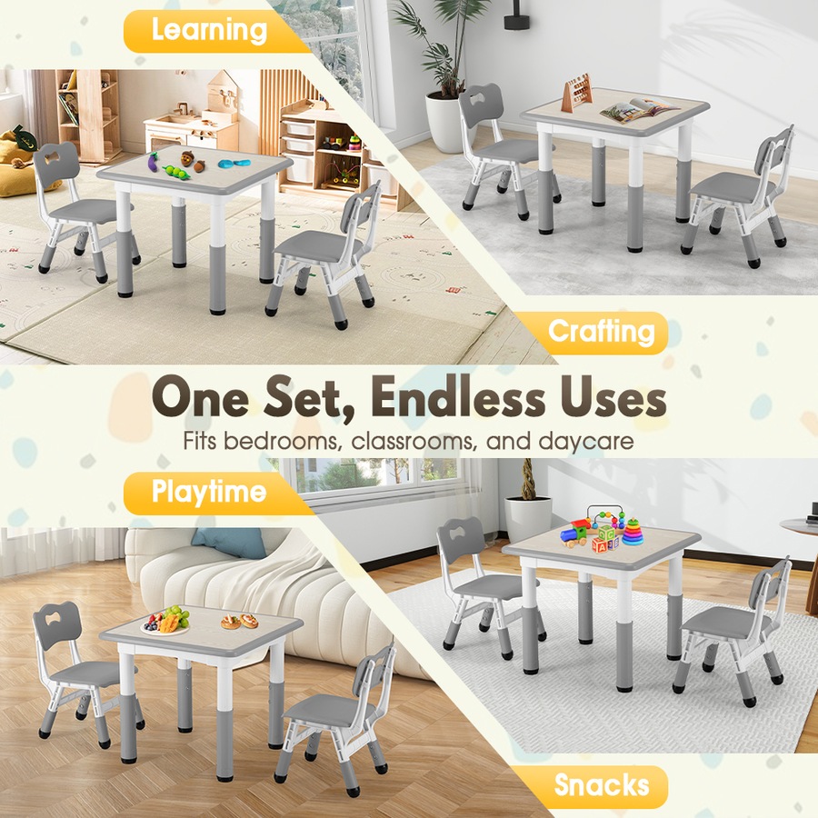 PlayPals Kids Table Chairs Set Height Adjustable Toddler Activity Table 60x60cm Graffiti Desk Grey