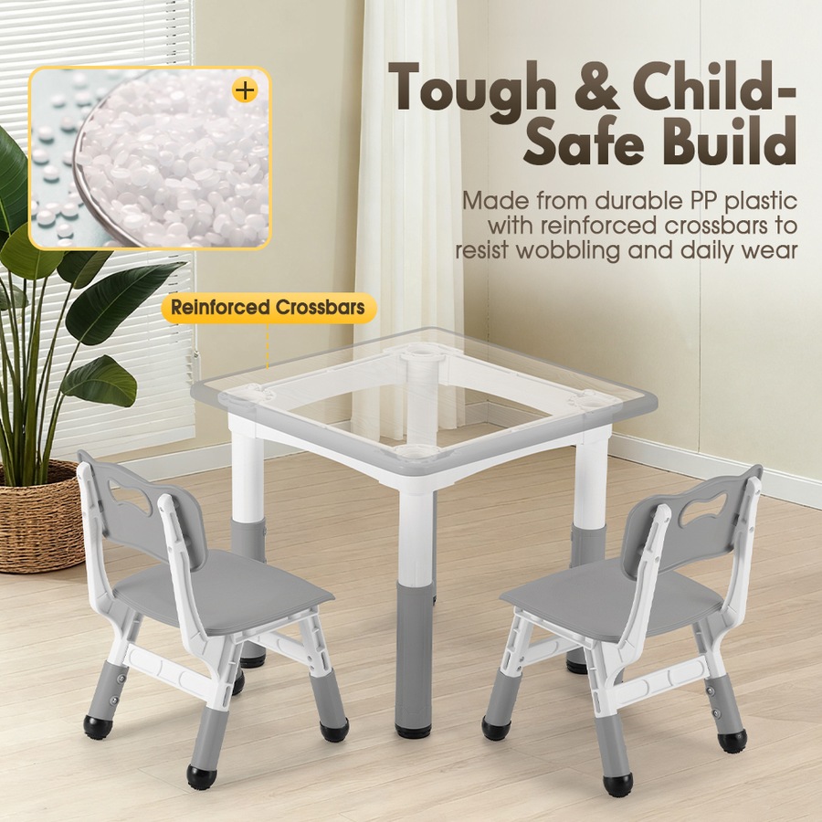 PlayPals Kids Table Chairs Set Height Adjustable Toddler Activity Table 60x60cm Graffiti Desk Grey