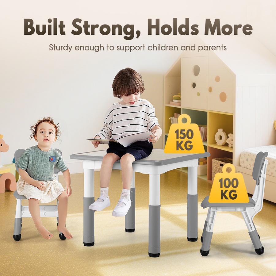 PlayPals Kids Table Chairs Set Height Adjustable Toddler Activity Table 60x60cm Graffiti Desk Grey