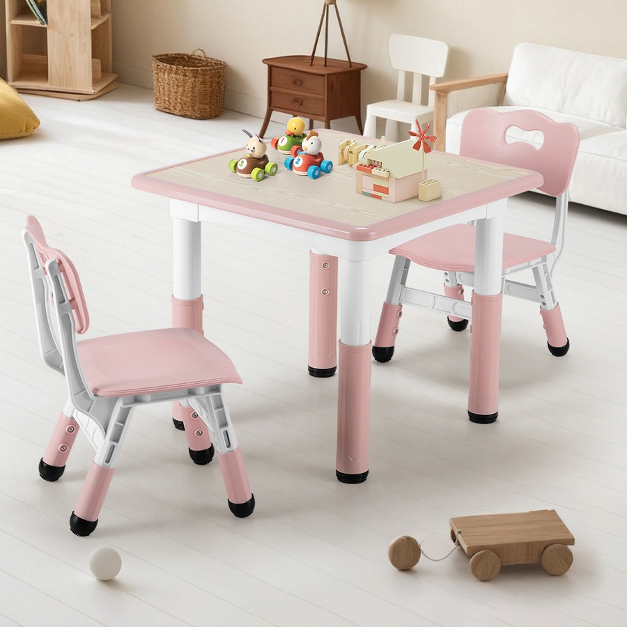 PlayPals Kids Table Chairs Set Height Adjustable Toddler Activity Table 60x60cm Graffiti Desk Pink