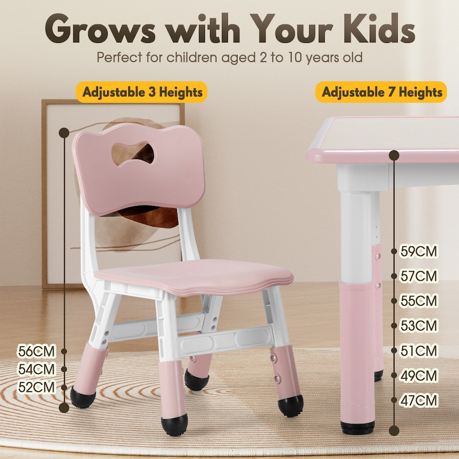 PlayPals Kids Table Chairs Set Height Adjustable Toddler Activity Table 60x60cm Graffiti Desk Pink