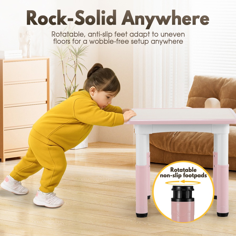 PlayPals Kids Table Chairs Set Height Adjustable Toddler Activity Table 60x60cm Graffiti Desk Pink