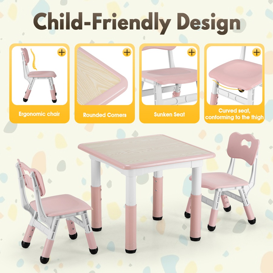 PlayPals Kids Table Chairs Set Height Adjustable Toddler Activity Table 60x60cm Graffiti Desk Pink