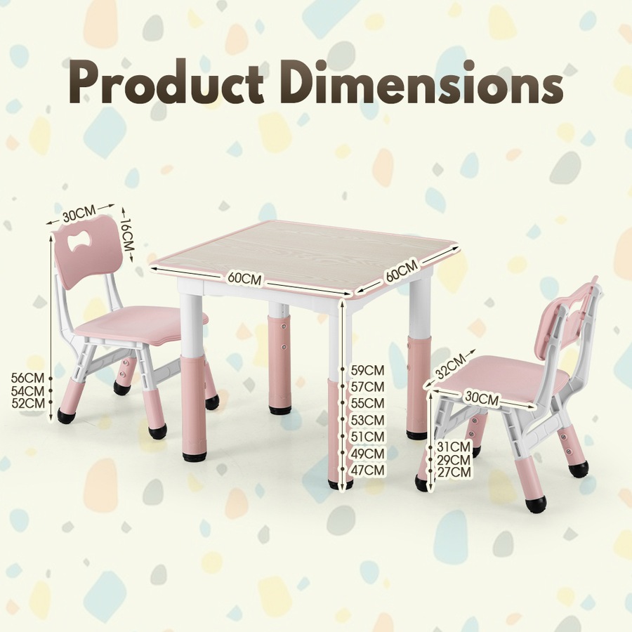 PlayPals Kids Table Chairs Set Height Adjustable Toddler Activity Table 60x60cm Graffiti Desk Pink