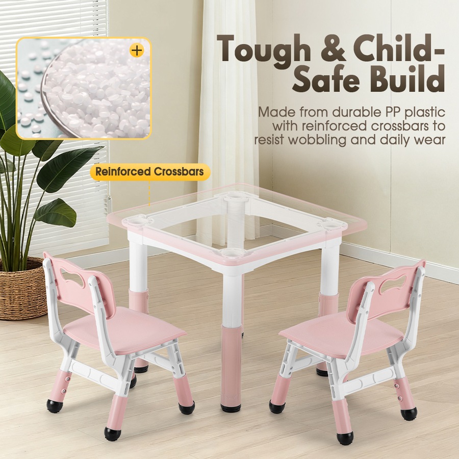PlayPals Kids Table Chairs Set Height Adjustable Toddler Activity Table 60x60cm Graffiti Desk Pink