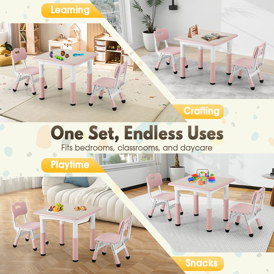 PlayPals Kids Table Chairs Set Height Adjustable Toddler Activity Table 60x60cm Graffiti Desk Pink