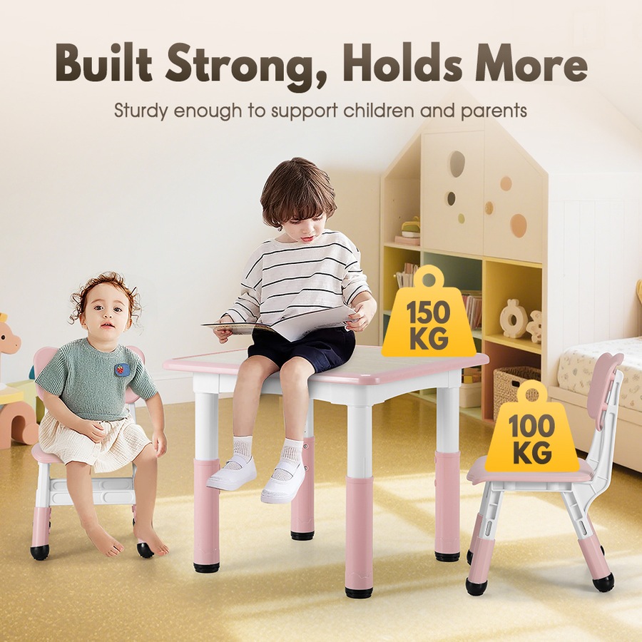 PlayPals Kids Table Chairs Set Height Adjustable Toddler Activity Table 60x60cm Graffiti Desk Pink
