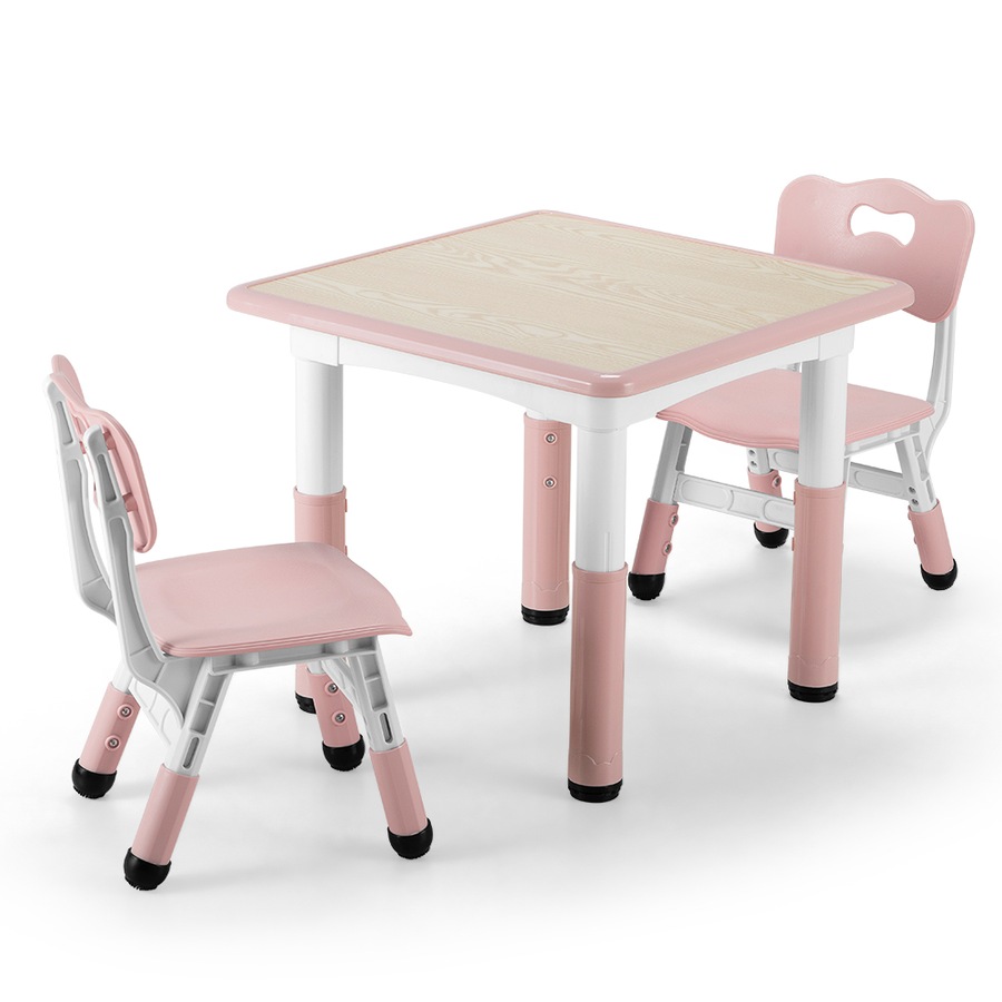PlayPals Kids Table Chairs Set Height Adjustable Toddler Activity Table 60x60cm Graffiti Desk Pink