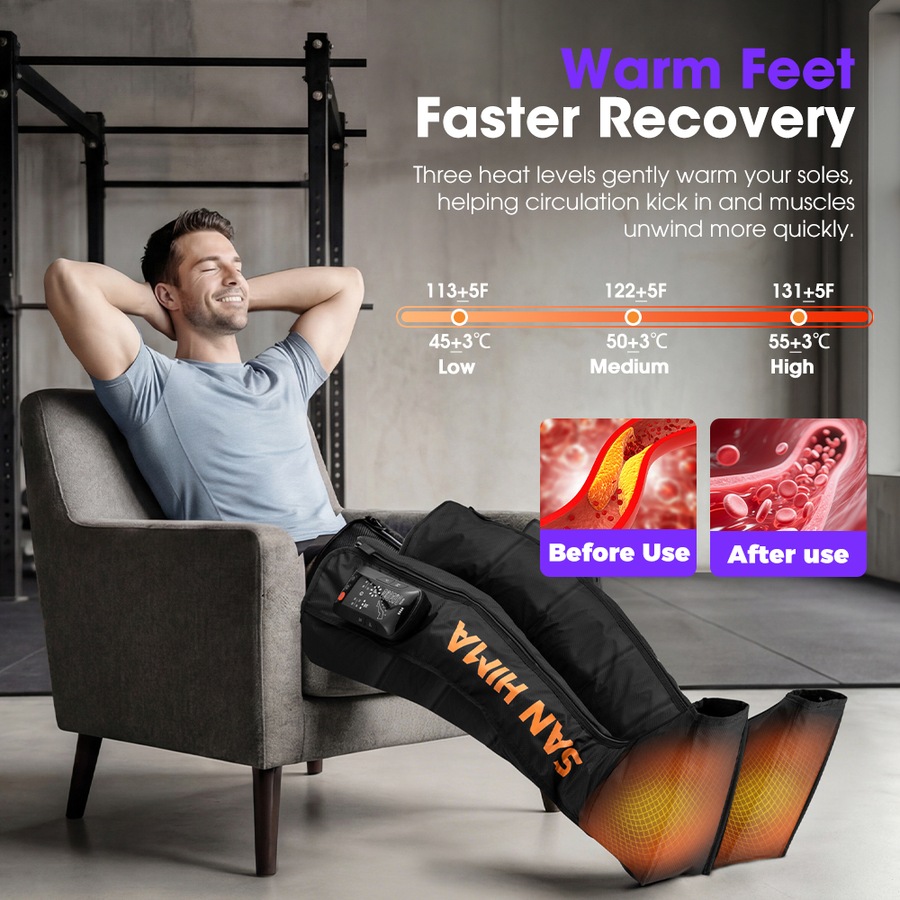San Hima Air Compression Recovery Boots Cordless 3 Foot Heat Full Leg Massager