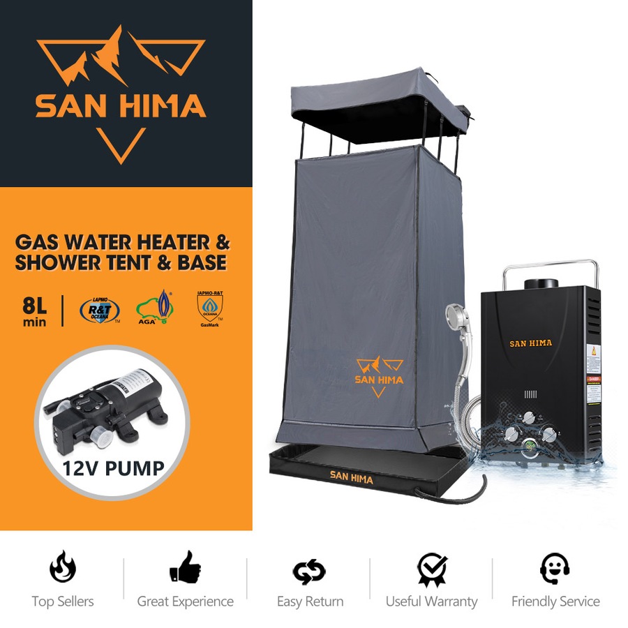 San Hima Camping Shower Tent Grey + Gas Hot Water Heater Black +Shower Tent Base