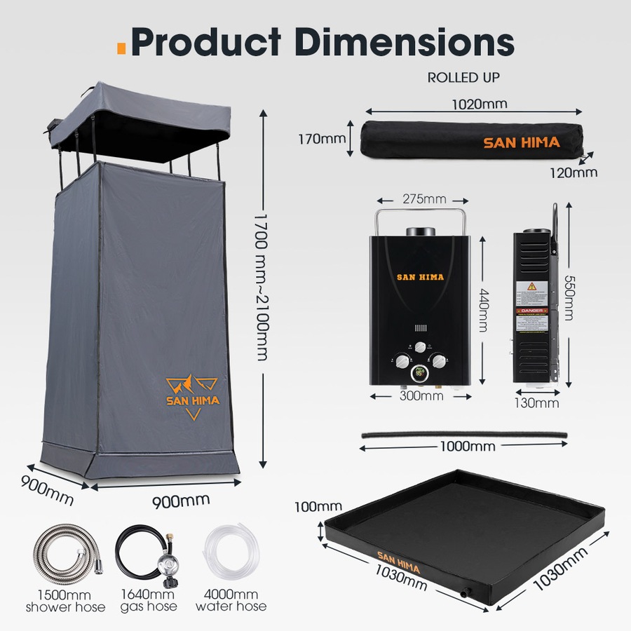 San Hima Camping Shower Tent Grey + Gas Hot Water Heater Black +Shower Tent Base